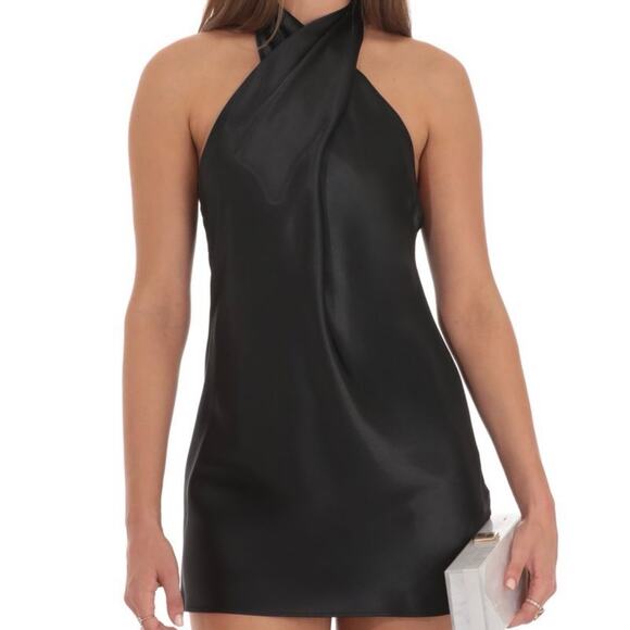 Lucy In The Sky Satin Cross Halter Dress Black Size M NEW - Picture 2 of 12